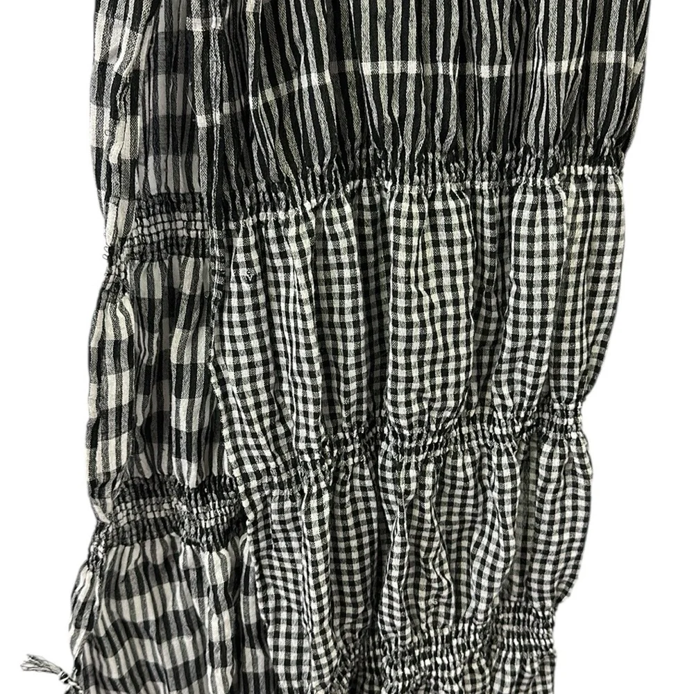 Smocked Black and White Plaid Striped Fashion Scarf with Fringe 70 x 25 inches